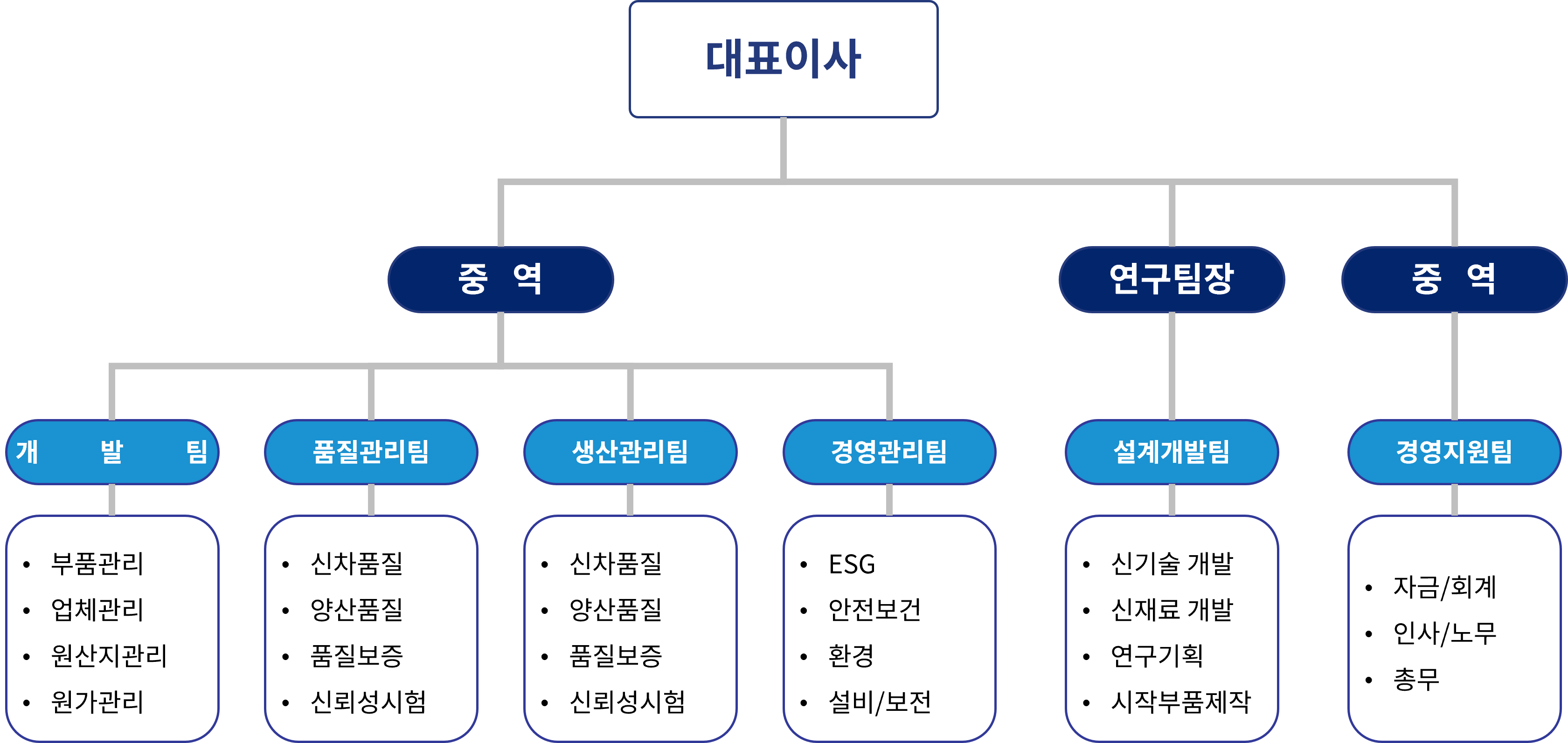 조직도, 대표이사, 경영지원실, 부사장, 공장장, R&D센터